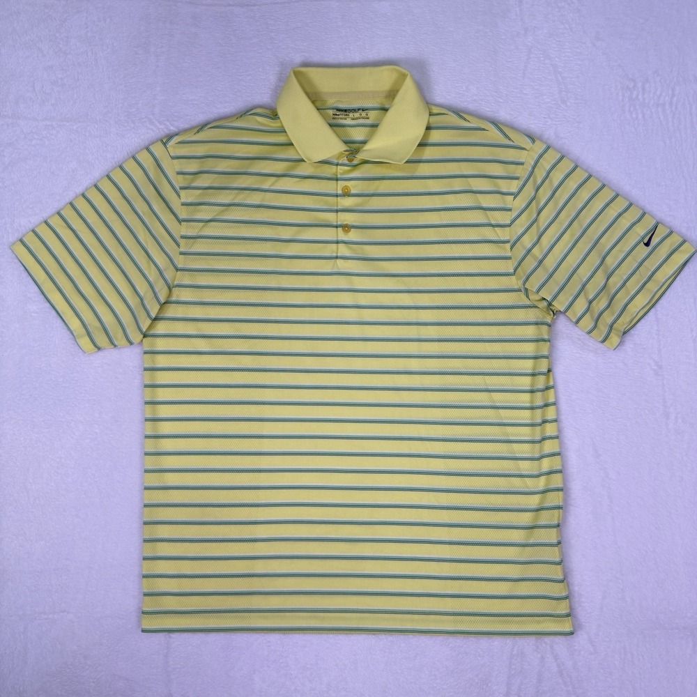 Nike Golf Polo Shirt Mens Large Yellow Striped Dri Fit Perforated Air Flow